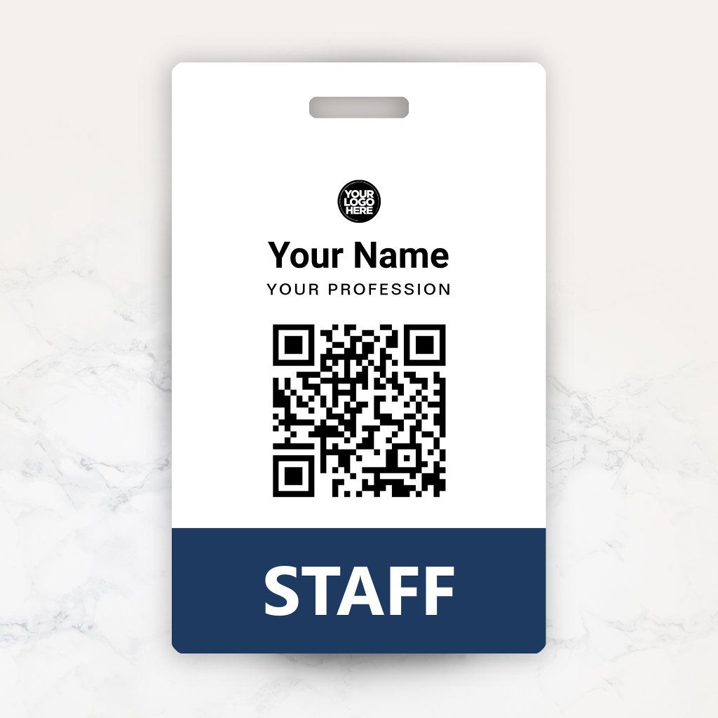 A close-up view of a hand holding a freshly printed, professional-looking employee ID badge. The badge features a company logo, an employee photo, a name, and a QR code. In the background, a computer screen displays a user-friendly online design interface
