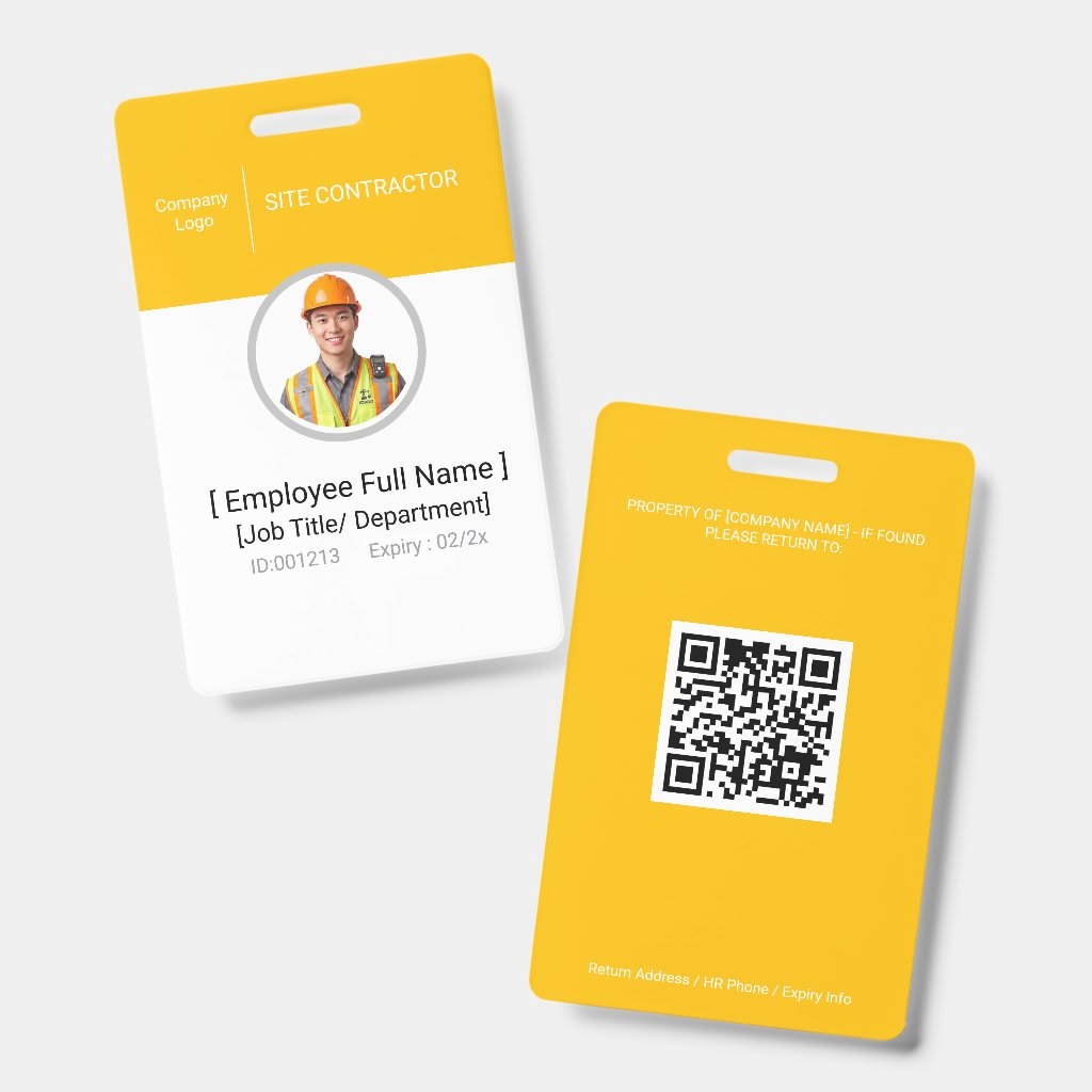 A close-up, high-angle shot of a hand holding a modern, professional employee ID card with a microchip, barcode, and subtle security holograms, against a slightly blurred background of a secure office building entrance with a digital access reader. The li