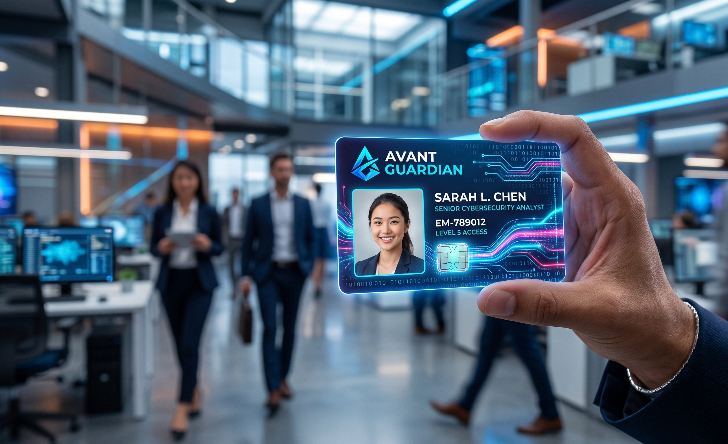 A sleek, modern PVC ID card with a company logo and employee photo, digitally glowing with data streams, superimposed over a blurred background of a bustling, futuristic office environment. The card is held by a professional hand, symbolizing security and