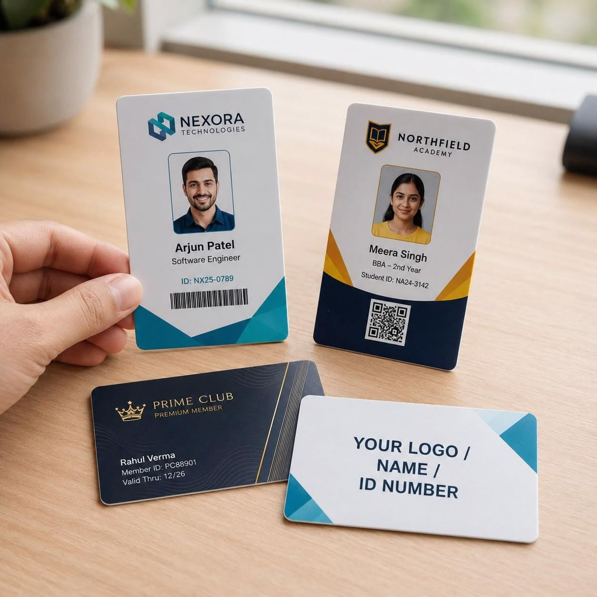 A diverse group of smiling professionals networking at a bustling conference, each wearing a vibrant, custom-designed PVC ID card around their neck. The ID cards feature clear branding, QR codes, and color-coded lanyards. The background shows blurred conf
